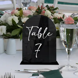 Acrylic arched table number sign with white script text for wedding party decor tabletop display