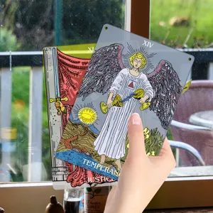 Metal tarot card wall hanging sign, vintage decor aesthetic plaque for home and room interior.