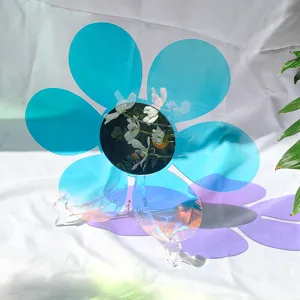 Miroir de table fleur en acrylique bleu, superbe reflet coloré avec support stable.