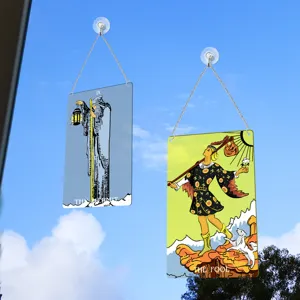 Tarot card window hanging decor, The Hermit and The Fool acrylic sign with suction cup chain.