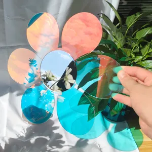 Autocollant miroir acrylique fleur iridescent, decor mural reflechissant double couche.