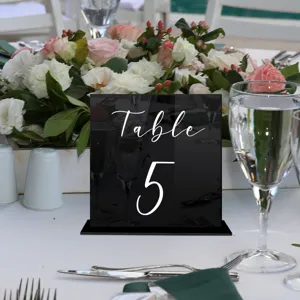 Cartel de número de mesa de acrílico para boda, elegante soporte negro decorativo.