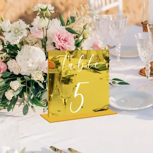 Placa de número de mesa de acrílico dorado decoración de boda expositor de mesa