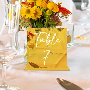 Placa de número de mesa de acrílico, elegante decoración de mesa de boda dorada y soporte.