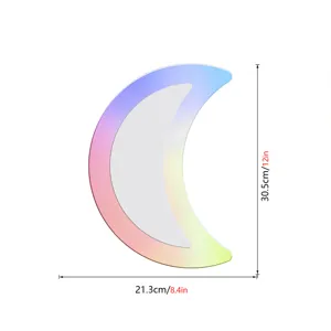 Autocollant miroir mural croissant lune acrylique iridescent vue detaillee dimensions.