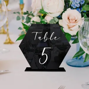 Cartel de número de mesa de acrílico hexagonal negro con base para decoración de bodas.