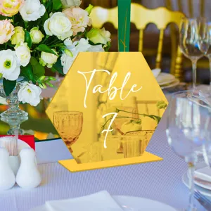 Placa de número de mesa acrílica dorada hexagonal decoración de fiesta boda soporte