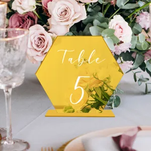 Letrero de número de mesa de acrílico dorado hexagonal para la decoración de bodas