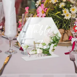 Placa de número de mesa de acrílico hexagonal decoración de boda soporte transparente