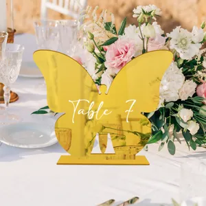 Placa de número de mesa de mariposa de acrílico dorado DIY decoración de boda soporte