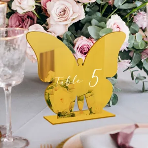 Soporte de número de mesa de mariposa de acrílico dorado para decoración de fiesta boda