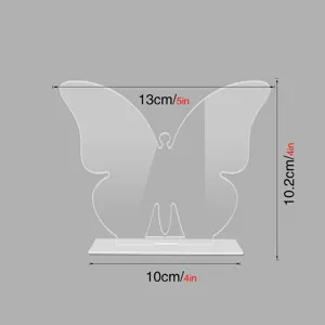 Decoración de escritorio de mariposa de acrílico transparente con soporte, detalles de dimensiones.