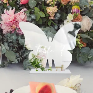 Placa número de mesa mariposa de acrílico para boda, centro de mesa de espejo elegante.