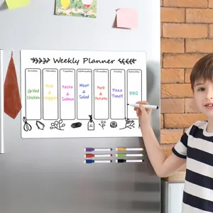 Magnetic weekly planner whiteboard scene showing a boy writing meal plans with marker on fridge.