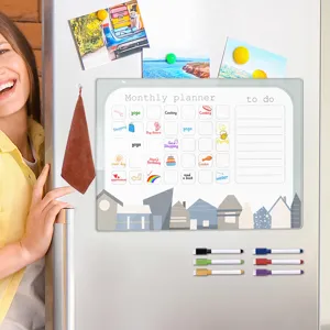 Magnetic fridge dry erase calendar monthly planner board with colorful whiteboard pens.