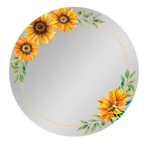 Primer plano de espejo magnético redondo con diseño floral de girasol y hojas en acuarela.