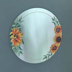 Vista detallada de un espejo magnético redondo de acrílico para casilleros con girasoles.