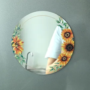 Espejo decorativo redondo con estampado de girasol, primer plano detallado con diseño floral.