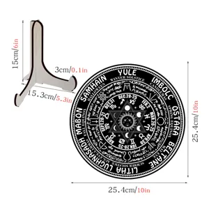 Wheel of the Year wooden calendar plaque with display stand, mystical tabletop decor.