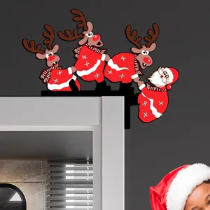 Christmas wooden door corner decoration, cute Santa Claus and reindeer design for holiday home.
