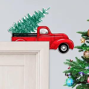Christmas wooden door corner decor festive red truck with tree holiday home accent item