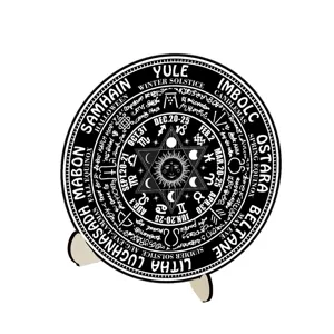 Wooden Wheel of the Year calendar plaque, astrological witchcraft table decor stand.