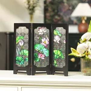 Miniature folding screen vintage desktop ornament lotus stained glass room divider decor