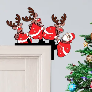 Christmas wooden door corner decoration featuring cute Santa and reindeer for holiday home decor.