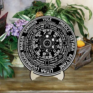 Wheel of the Year calendar desktop decor pagan witchcraft wooden plaque display stand with base.