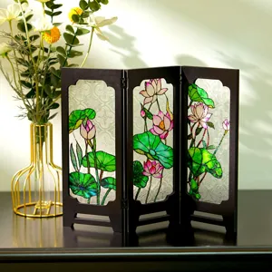 Miniature tabletop folding screen with lotus glass design retro home desktop decor