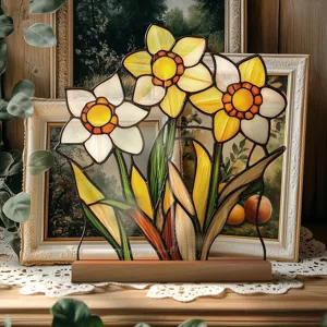 Stained glass style daffodil acrylic desktop ornament, exquisite floral home decor detail.