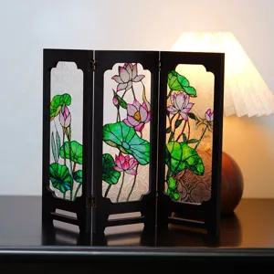 Vintage mini lotus glass folding screen desktop ornament, elegant mid-century tabletop decor.