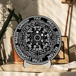 Wheel of the year wooden plaque calendar detail shot, pagan zodiac desktop ornament display.
