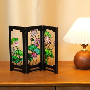 Miniature wooden folding screen table ornament with vintage lotus relief design for home decor