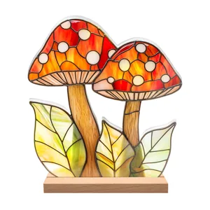Stained glass style acrylic mushroom ornament close-up, vibrant colorful desktop decor detail.