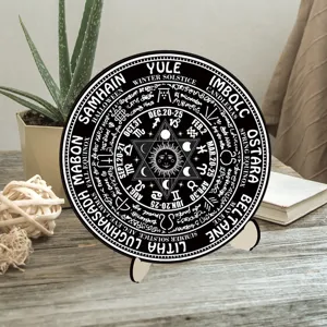 Wooden Wheel of the Year calendar plaque, pagan altar decor desk ornament for astrology