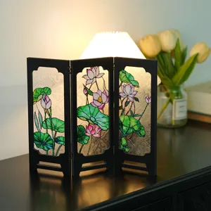 Vintage mini folding screen desktop ornament with embossed lotus glass panels for home decor