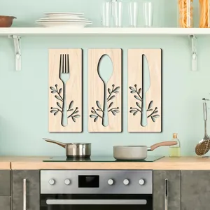 Décoration murale en bois couverts, plaque suspendue fourchette cuillère couteau cuisine.
