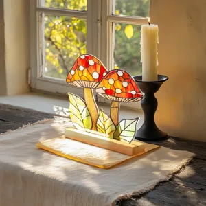 Stained glass style mushroom acrylic desktop ornament with wooden base for home decor.