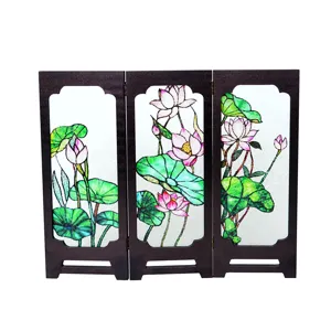 Vintage lotus pattern glass folding screen desktop decorative ornament miniature.
