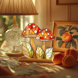 Stained glass mushroom desktop ornament, artistic home decor piece with wooden base.