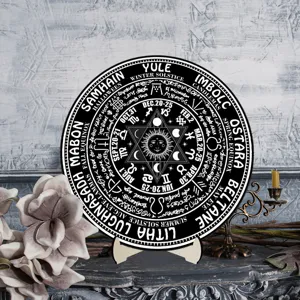 Wheel of the Year wooden calendar plaque tabletop decor astrology pagan witchcraft altar display