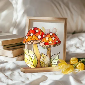 Stained glass style mushroom acrylic desktop ornament for home decor and cozy room display