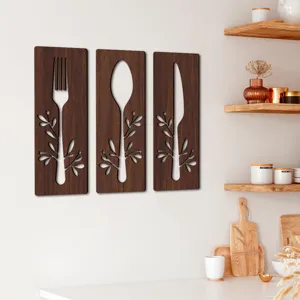 Ensemble de 3 décorations murales de cuisine en bois fourchette cuillère couteau.