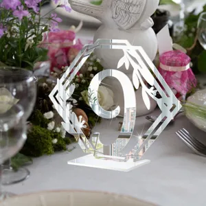 Plaque numéro de table mariage acrylique miroir argenté hexagone déco de table avec chiffre 9 feuilles