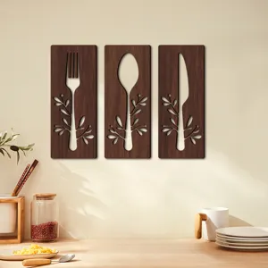 Ensemble de déco murale en bois 3D, fourchette cuillère couteau panneaux suspendus.