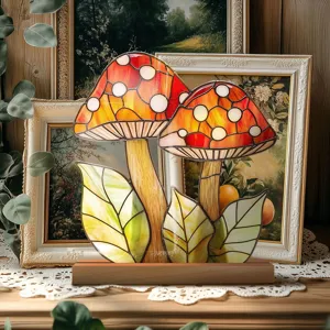 Detailed shot of vibrant stained acrylic mushroom tabletop decor ornament.