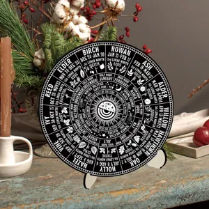 Wooden Wheel of the Year calendar plaque table ornament, witchcraft zodiac astrology desk decor stand.