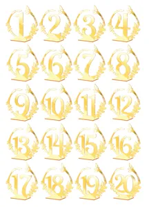 Set de numéros de table de mariage en acrylique doré 1 à 20 avec support pour décoration.