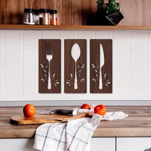 Ensemble d'art mural de cuisine en bois avec fourchette cuillère et couteau plaques.
